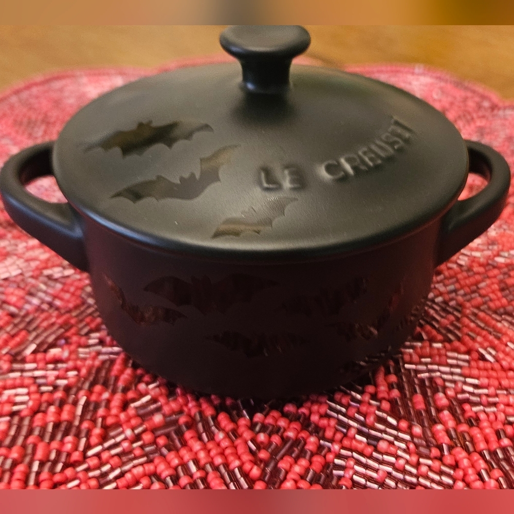 Le Creuset Matte Black Mini Cocotte with Bat Motif. NWOT